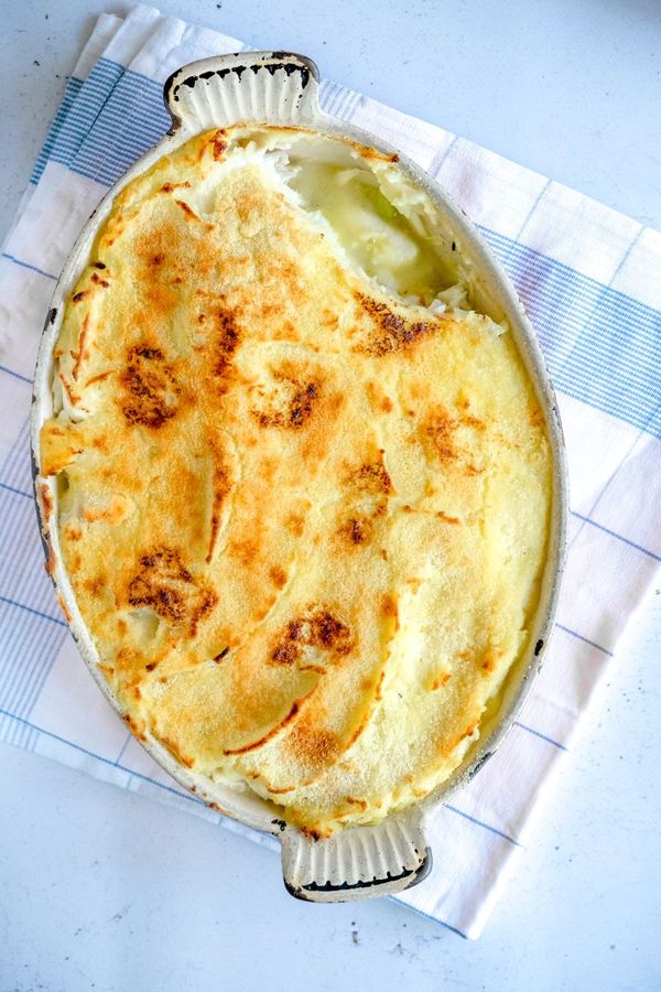 Vispotje met prei en puree